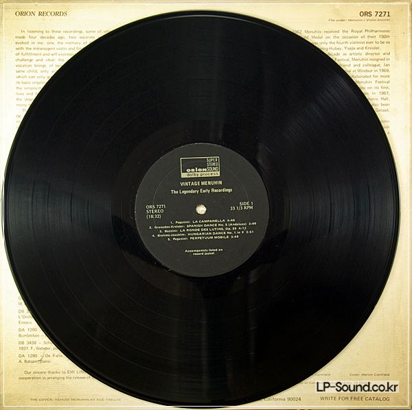 VINTAGE YEHUDI MENUHIN THE LEGENDARY EARLY RECORDINGS ORION US LP ORS 7271