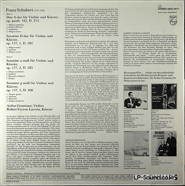 SCHUBERT VIOLIN SONATINES, DUO HAEBLER SZERYNG PHILPS