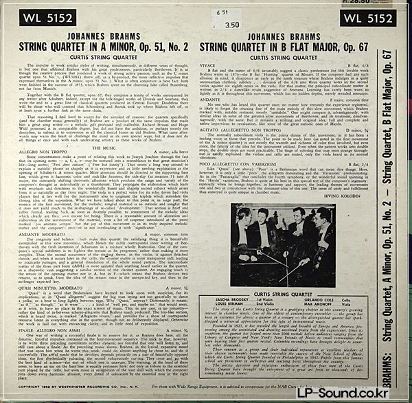 BRAHMS,CURTIS STRING QUARTET, WL 5152 RARE