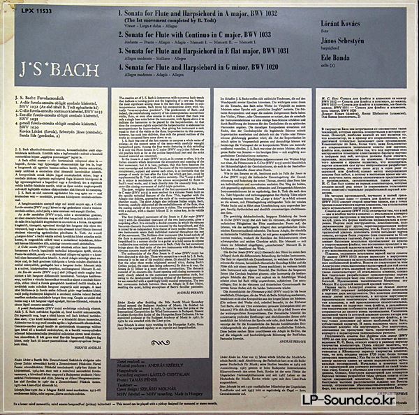KOVACS FLUTE BACH 4 FLUTE SONATAS (B.1020 1031-1033) HUNGAROTON SLPX-11533 LP