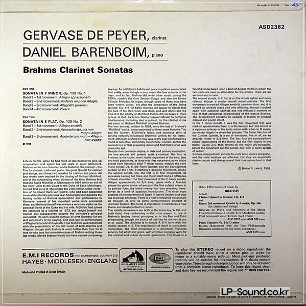 DE PEYER BARENBOIM /BRAHMS CLARINET SONATAS ASD 2362
