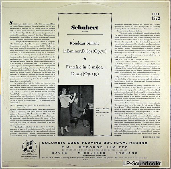 SCHUBERT RONDEAU, FANTAISIE - JOHANNA MARTZY, ANTONIETTI -  33CX 1372