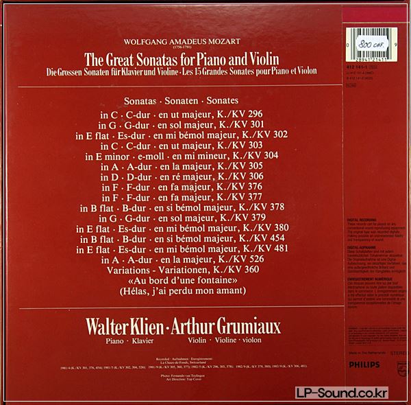 GRUMIAUX KLIEN MOZART GREAT VIOLIN SONATAS PHILIPS DIGITAL ED.1 5 LP