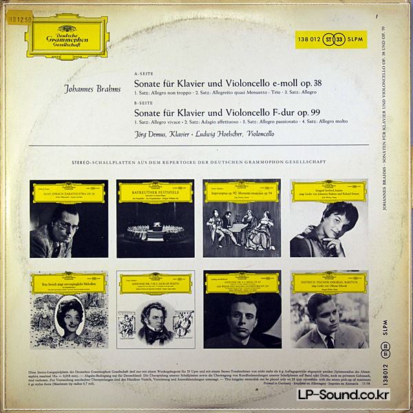LUDWIG HOELSCHER DEMUS BRAHMS CELLO SONATAS  DGG RED STEREO SLPM 138 012 RARE