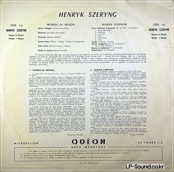 ODEON ODX 129/MUSIC OF SPAIN & MEXICO /HENRYK SZERYNG,