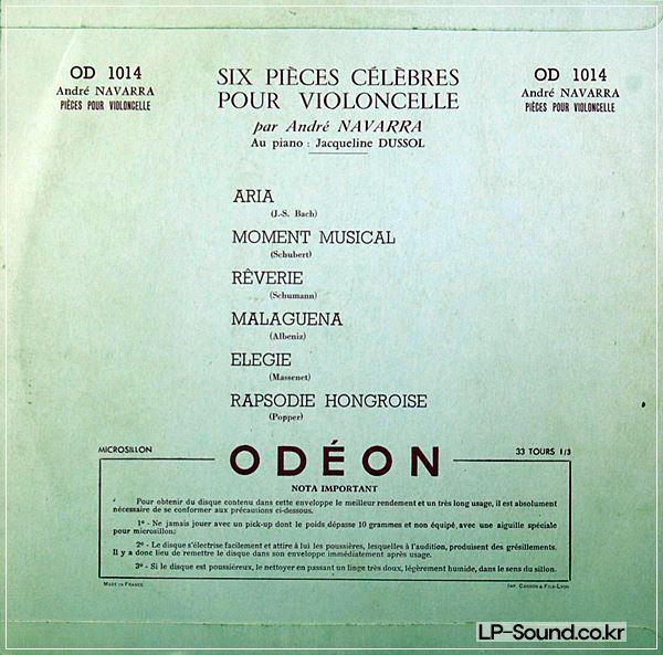 ANDRE NAVARRA JACQUELINE DUSSOL RECITAL 6 PIECES CELEBRES VIOLONCELLO ODEON