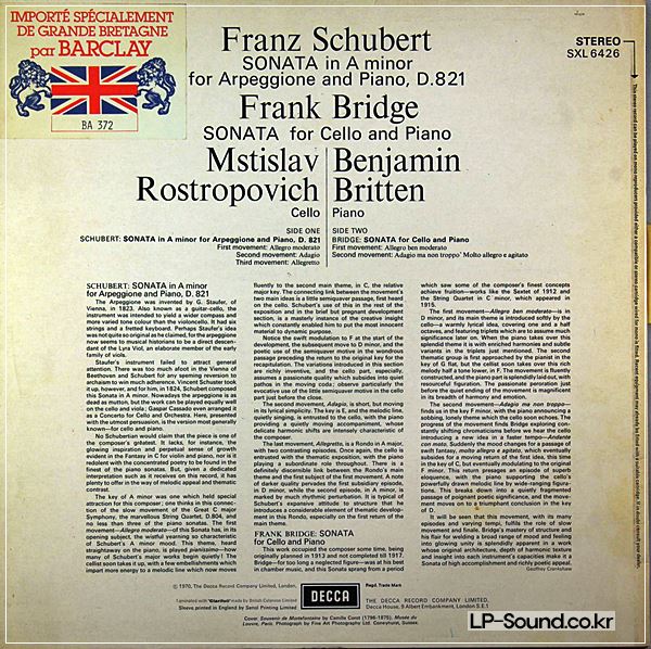 ROSTROPOVICH BRITTEN SCHUBERT ARPEGGIONE BRIDGE CELLO DECCA SXL 6426 NB