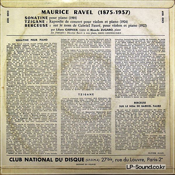 RAVEL: TZIGANE & SONATINE - LILIANE GARNIER / RICARDO ZUGARO CND 1029 10