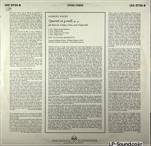 FAURE PIANO QUARTET FESTIVAL QUARTET GOLDBERG LP RCA LSC 2735