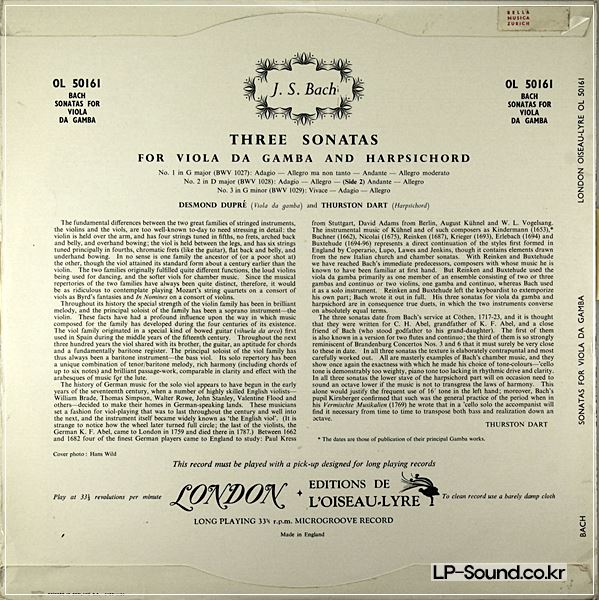BACH THREE SONATAS FOR VIOLA DA GAMBA & HARPSICHORD / DUPRE / DART OL 50161