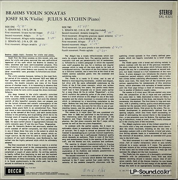 BRAHMS VIOLIN SONATAS JULIUS KATCHEN, PIANO/JOSET SUK, VIOLIN
