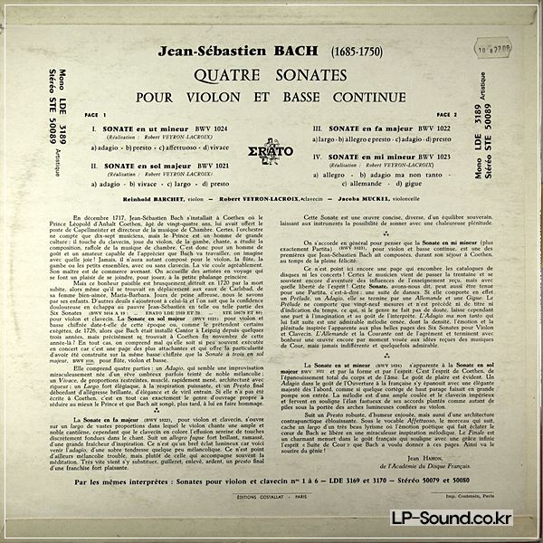 BACH 4 VIOLIN SONATAS BARCHET VEYRON LACROIX ERATO STE 50089 ED1