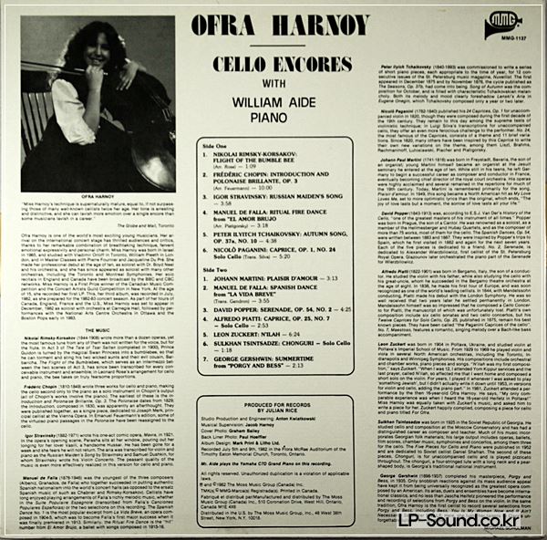 OFRA HARNOY, WILLIAM AIDE - CELLO ENCORES   MMG-1137 CANADA