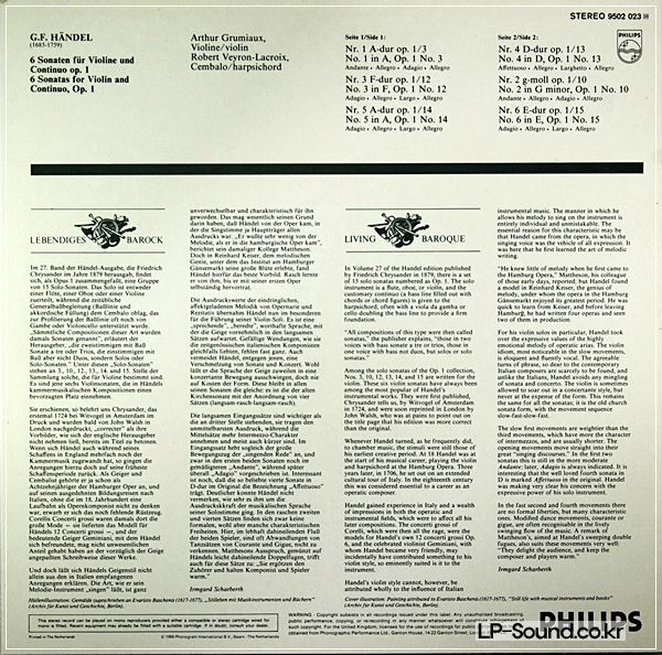 HANDEL 6 SONATAS FOR VIOLIN & CONTINUO GRUMIAUX VEYRON-LACROIX PHILIPS
