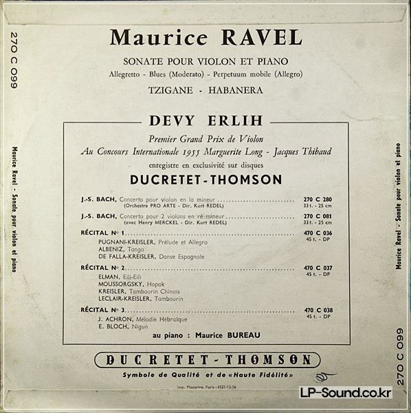 DEVY ERLIH ' MAURICE RAVEL, SONATE POUR VIOLON ET PIANO' DURCHRET THOMSON