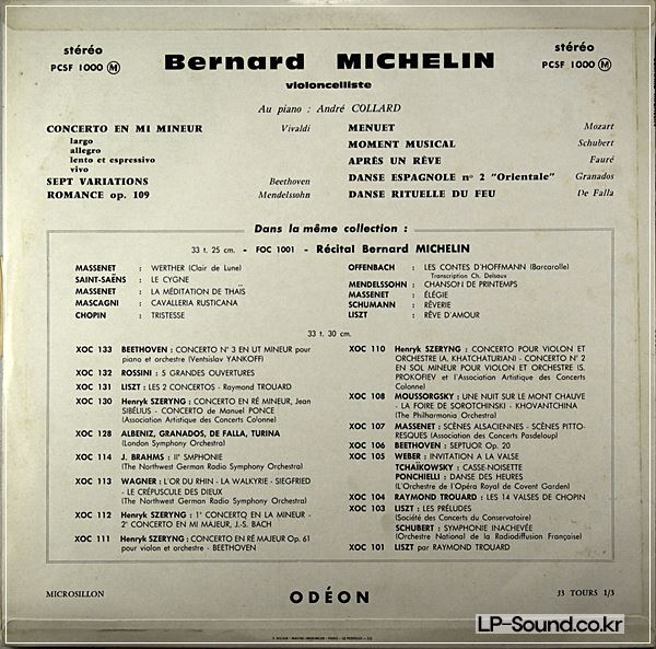 BERNARD MICHELIN CELLO RECITAL FRENCH ODEON PCSF 1000 STREO