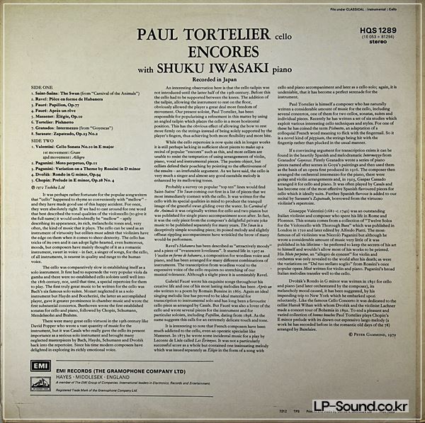 PAUL TORTELIER CELLO ENCORES WITH SHUKU IWASAKI PIANO  HMV HQS 1289