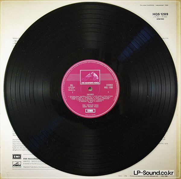 PAUL TORTELIER CELLO ENCORES WITH SHUKU IWASAKI PIANO  HMV HQS 1289