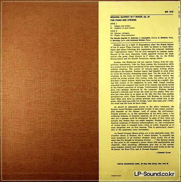 BRAHMS QUINTET IN F MINOR RICHTER WITH BORODIN QUARTET ARTIA MK 1516