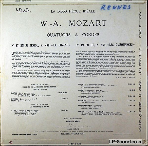 MOZART / QUATUOR PARRENIN / NO.17/NO.19  VEGA C 30 S 133