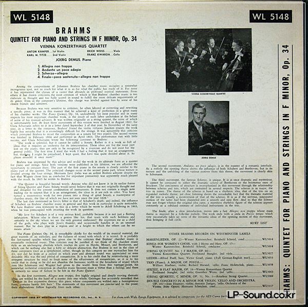 BRAHMS PIANO QUINTET VIENNA KONZERTHAUS DEMUS WESTMINSTER WL 5148