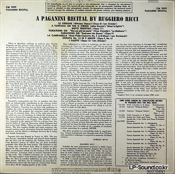 RUGGIERO RICCI/PERSINGER A PAGANINI RECITAL - LONDON CM 9099