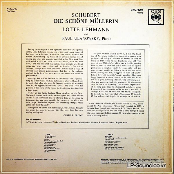 SCHUBERT DIE SCHONE MULLERIN LOTTE LEHMANN SOPRANO CBS BRG 72209