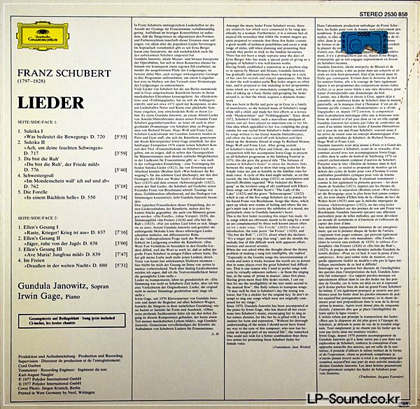 SCHUBERT - LIEDER GUNDULA JANOWITZ / IRWIN GAGE DG 2530 858