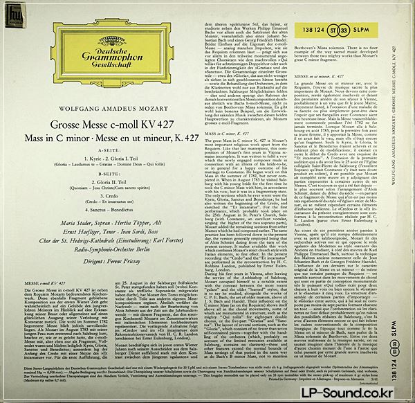 MOZART MASS IN C MINOR FRICSAY DGG RED STEREO SLPM 138 124
