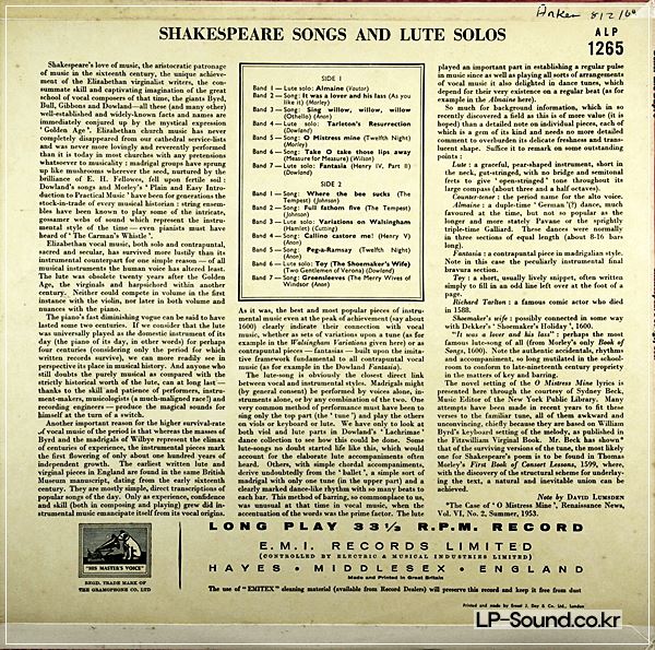 SHAKESPEARE SONGS & LUTE SOLOS ALFRED DELLER DESMOND DUPRE ALP 1265