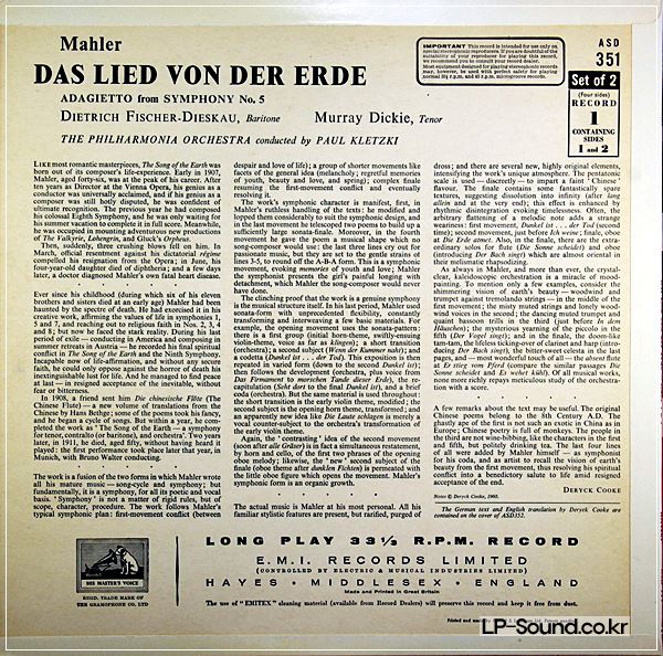 MAHLER-PAUL KLETZKI 'DAS LIED VON DER ERDE' HMV ASD 351-2