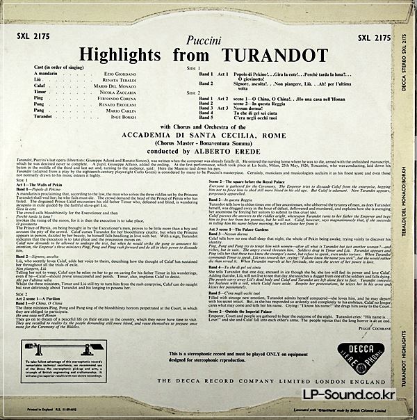 MARIO DEL MONACO & EREDE TURANDOT ORIG DECCA WBG SXL 2175