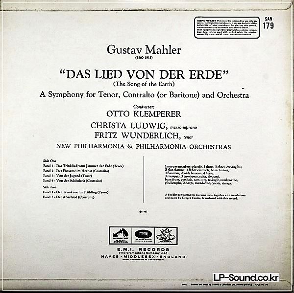 MAHLER EARTH LIED DER ERDE KLEMPERER SAN 179