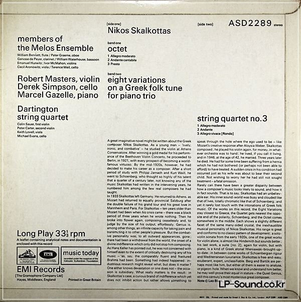 SKALKOTTAS: OCTET / EIGHT VARIATIONS MELOS ENSEMBLE ASD 2289