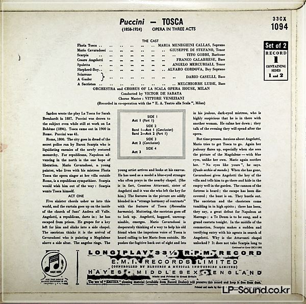 PUCCINI TOSCA * CALLAS * DE SABATA UK COLUMBIA  33CX 1094-95 1ST