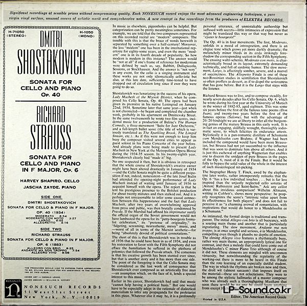 SHOSTAKOVICH - CELLO SONATA / SHAPIRO / ZAYDE / NONESUCH H-71050 STEREO