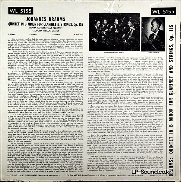 BRAHMS CLARINET QUINTET LEOPOLD WLACH / VIENNA KONZERTHAUS WL 5155