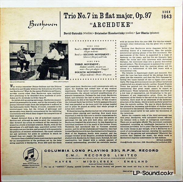 BEETHOVEN: ARCHDUKE TRIO OISTRAKH UK COLUMBIA 33CX 1643