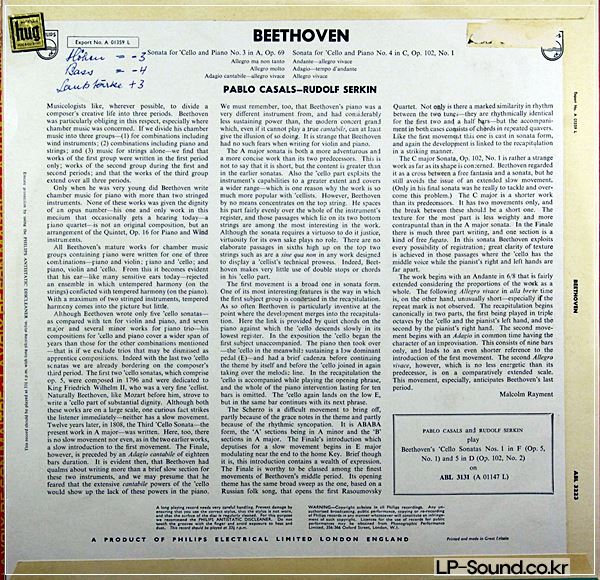 BEETHOVEN CELLO SONTAS NOS.3 & 4 - CASALS SERKIN PHILIPS ABL 3223