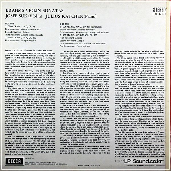 BRAHMS VIOLIN SONATAS JULIUS KATCHEN, PIANO/JOSET SUK, VIOLIN