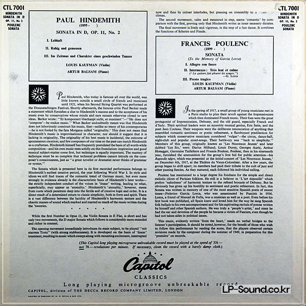 LOUIS KAUFMAN-ARTUR BALSAM/HINDEMITH SONATA/78S/CAPITOL EBL 8066