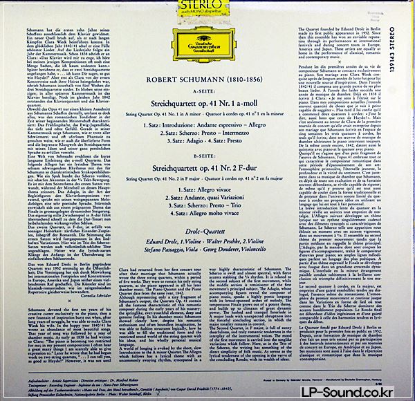 SCHUMANN  STRING QUARTET OP.41 NO.1/2 GG 139 143 SLPM