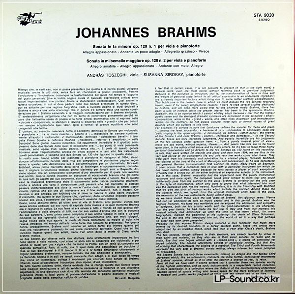 BRAHMS - ANDRAS TOSZEGHI SUSANNA SIROKAY– SONATE PER VIOLA E PIANO STA 9030