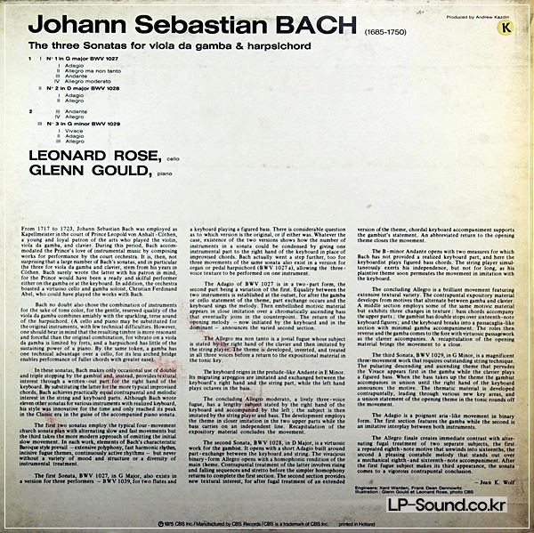 BACH SONATAS LEONARD ROSE / GLENN GOULD CBS 76373