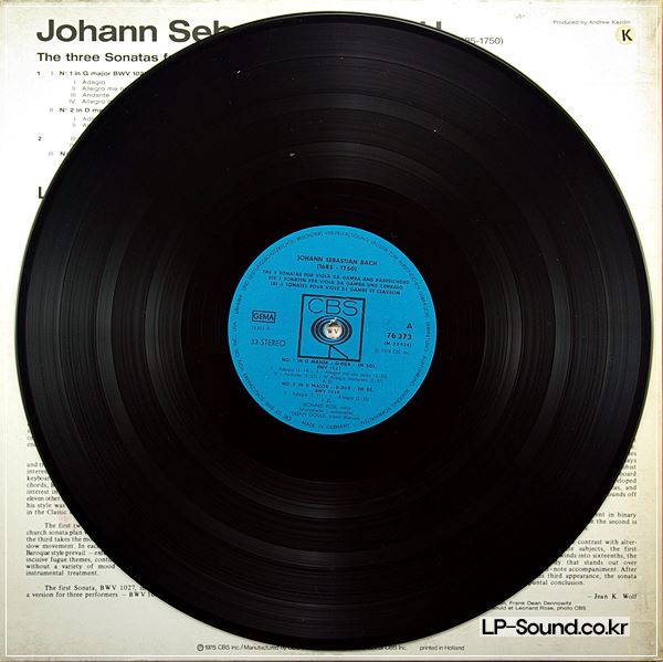 BACH SONATAS LEONARD ROSE / GLENN GOULD CBS 76373