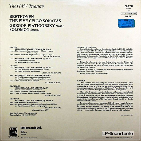 BEETHOVEN:5 CELLO SONATAS GREGOR PIATIGORSKY SOLOMON HMV