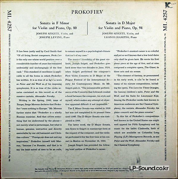 PROKOFIEV: SONATAS IN ....JOSEPH SZIGETI....COLUMBIA ML 4257