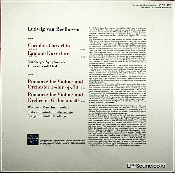 BEETHOVEN OVERTURES VIOLIN ROMANCES WOLFGANG MARSCHNER SAPPHIRE LP2336