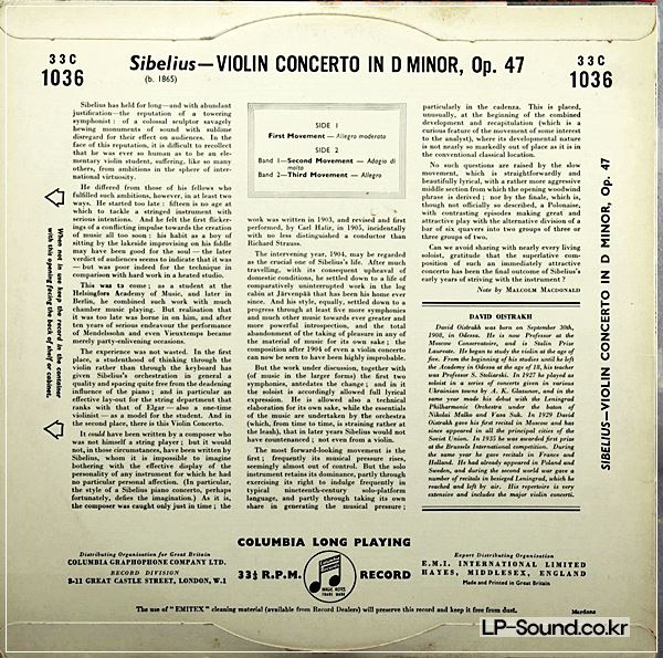 SIBELIUS: VIOLIN CONCERTO - DAVID OISTRAKH **COLUMBIA 33C 1036