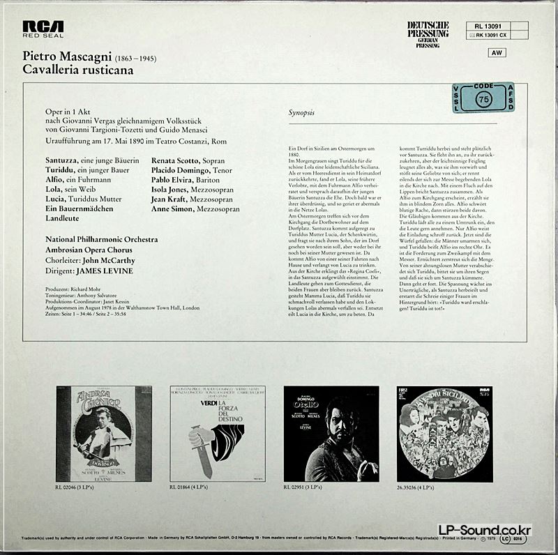 MASCAGNI CAVALLERIA RUSTICANA DOMINGO SCOTTO ELVIRA LEVINE RCA 309245